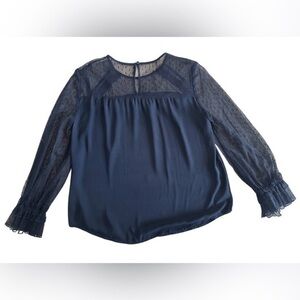 LOFT Black Sheer Sleeve Blouse Ruffle Detail | Size Medium Petite